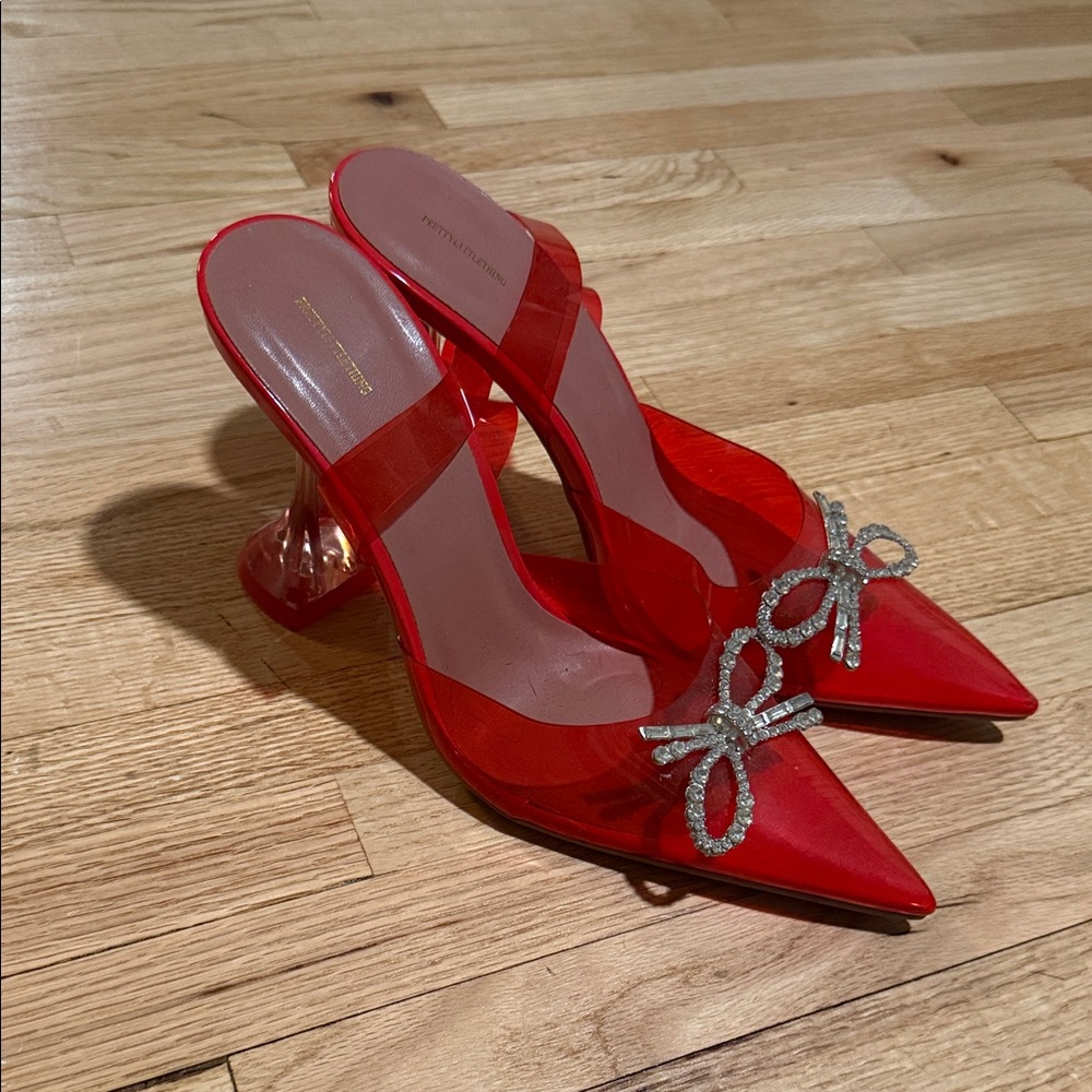 Amina Muaddi Inspired Red Heels with Crystal Bow